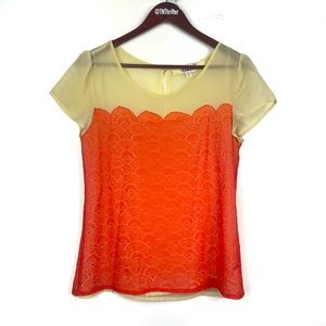 Emmelee Womens Vintage Scallop Lace Overlay Blouse Orange Cream Sz M Cottagecore